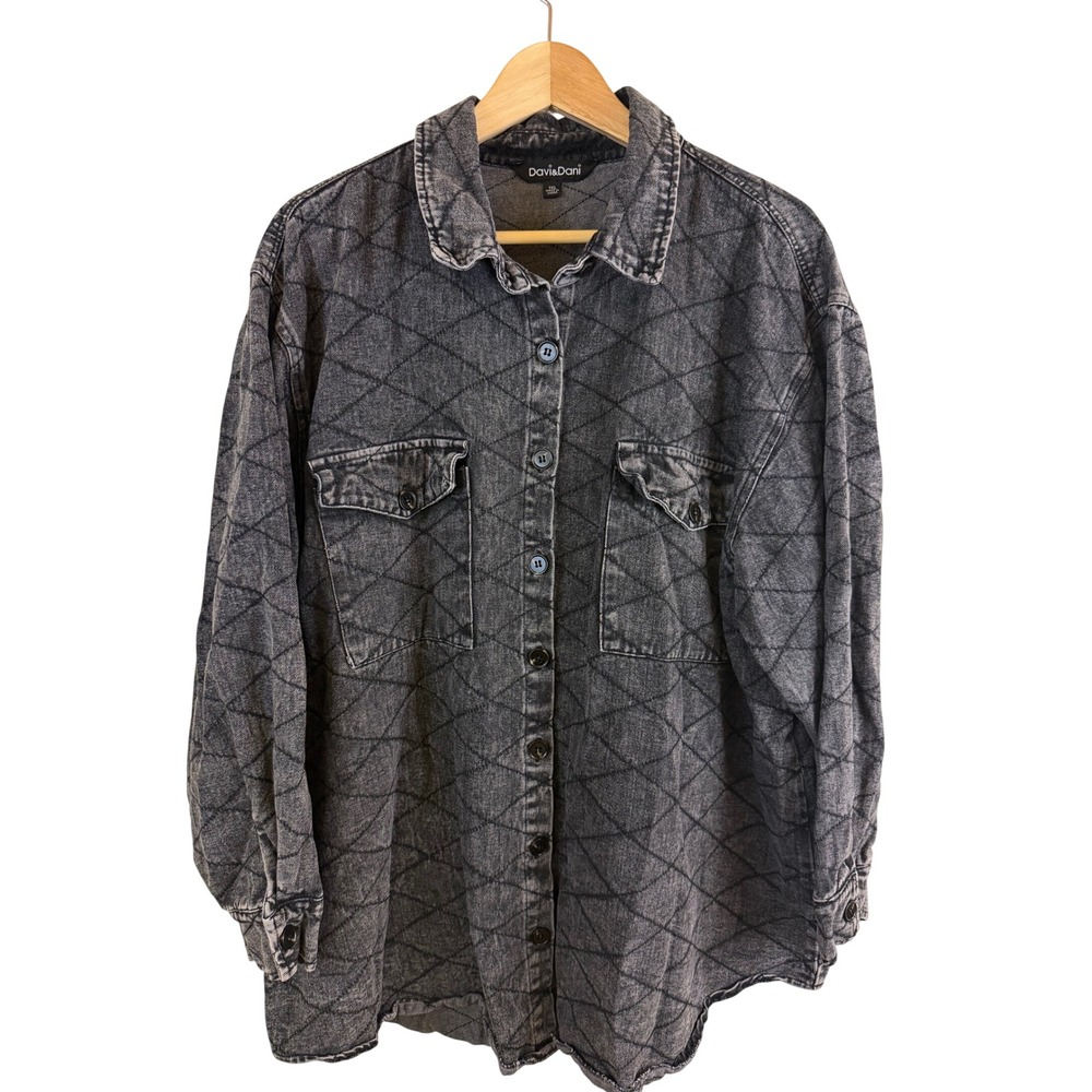 Davi&Dani Quilted Acid Wash Shacket Women 1XL Black Button Down
